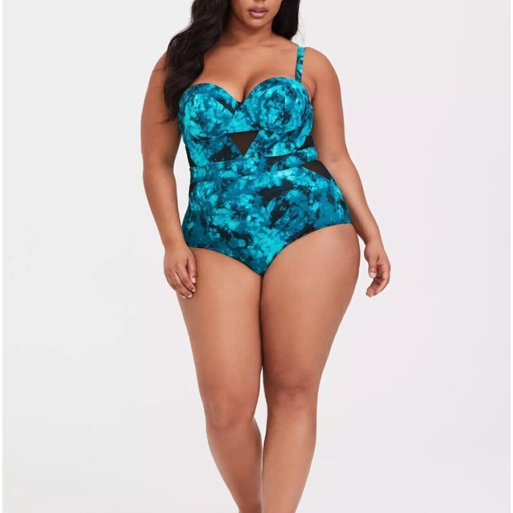 Torrid Swimsuit One 1 Piece Suit Tie Dye Mesh Insert Teal Black New Plus Size 4X